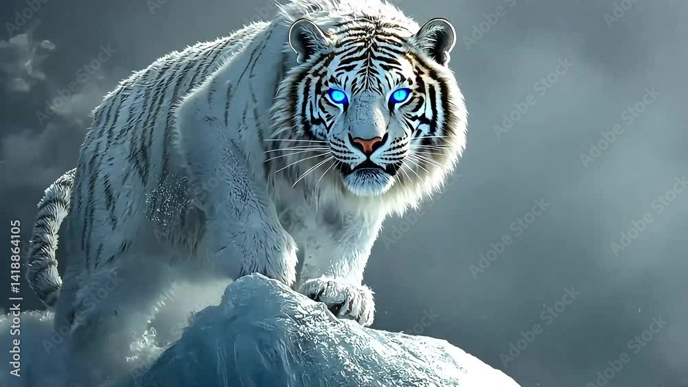 Majestic white tiger with glowing blue eyes perched on an icy mountain, surrounded by a misty landscape
