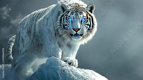 Majestic white tiger with glowing blue eyes perched on an icy mountain, surrounded by a misty landscape