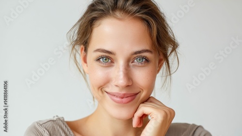 A beautiful young woman poses for a portrait, smiling gently, with a soft look at the camera.