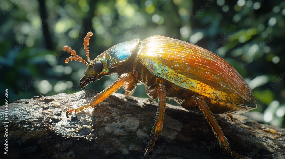 Fototapeta premium Golden beetle on wood, jungle bokeh background