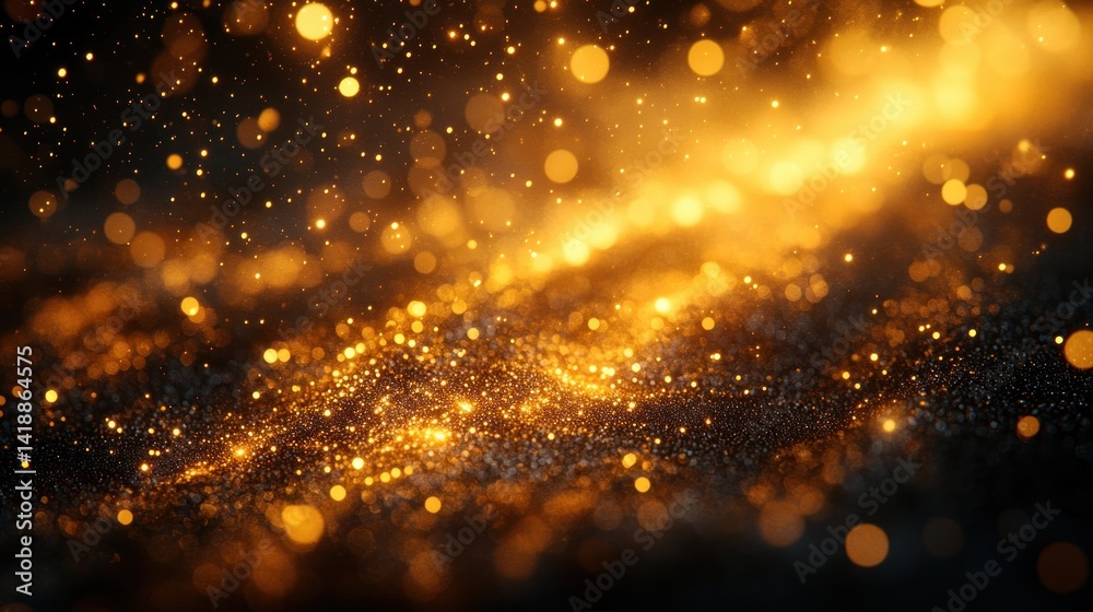 Obraz premium Golden bokeh lights with sun rays and soft glow on black background elegant dreamy abstract celebration texture