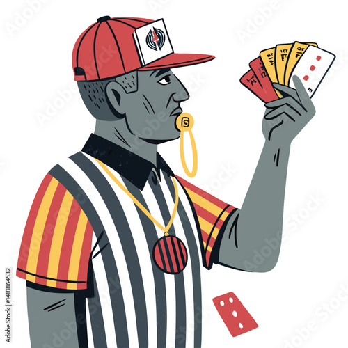 A whimsical illustration of a referee whose head is a giant whistle, holding oversized yellow and red penalty cards.