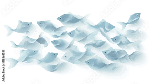 This image shows a stylized school of fish in a semi-transparent light blue hue against a pure white background. The school of fish is depicted in a minimalist, almost