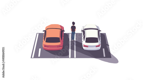 Isometric illustration of a man standing between an orange car and a white car in a parking lot. The cars are rendered in a simplified low-polygonal style with muted tones. The man.