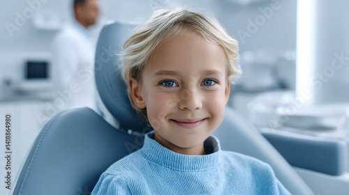 A smiling blond boy sits in a dental chair, ready for a checkup at the clinic.