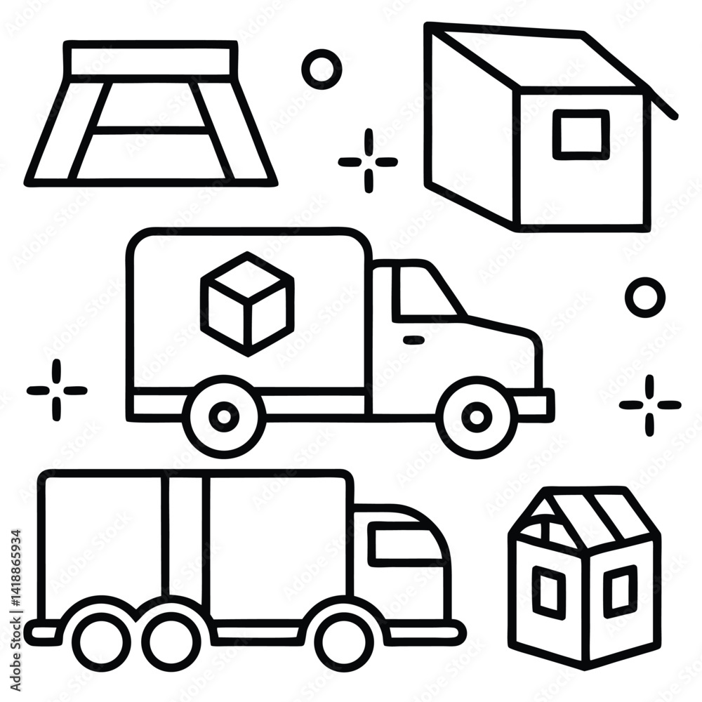 Simple Line Art Icons of Moving House and Delivery Trucks Simple Line Art Icons of Moving House and Delivery Trucks