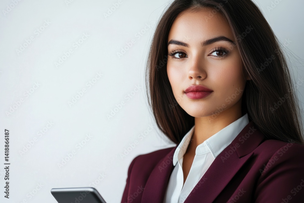 Portrait of a young, attractive businesswoman in a burgundy blazer, holding a tablet, exuding confidence and professionalism. Portrait of a young, attractive businesswoman in a burgundy blazer, holding a tablet, exuding confidence and professionalism.