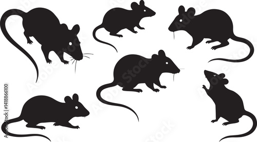 A collection of six stylized black silhouette images of rodents (likely rats or mice) against a plain white background.