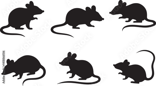 A collection of six stylized black silhouette images of rodents (likely rats or mice) against a plain white background.