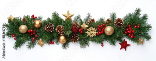 Festive Christmas Garland with Pine Branches Pinecones Red Berries Golden Ornaments Stars White Background