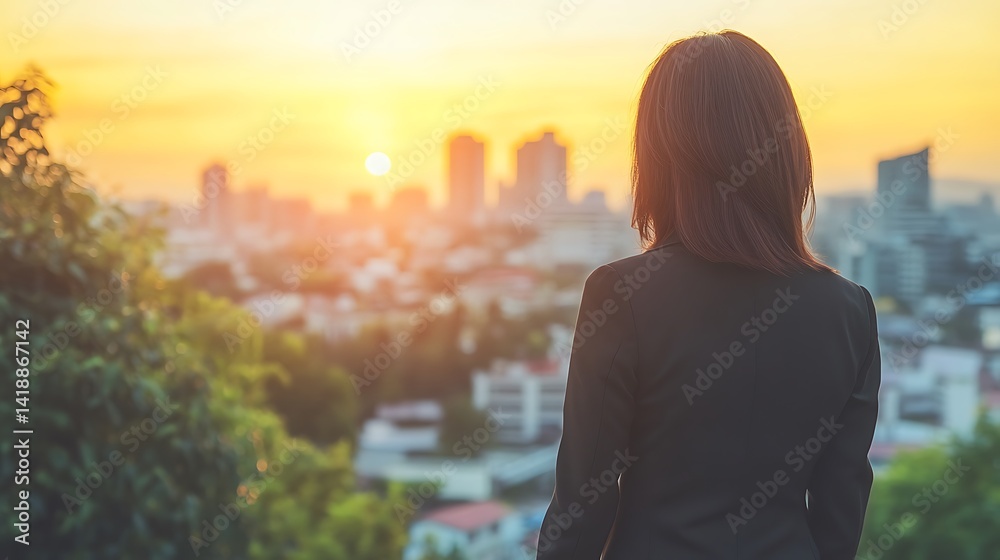 Fototapeta premium Woman watches sunrise over city