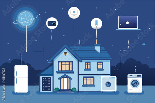 Illustrate a futuristic smart home interior, showcasing interconnected devices communicating via vibrant, glowing lines; emphasize seamless technology integration.
