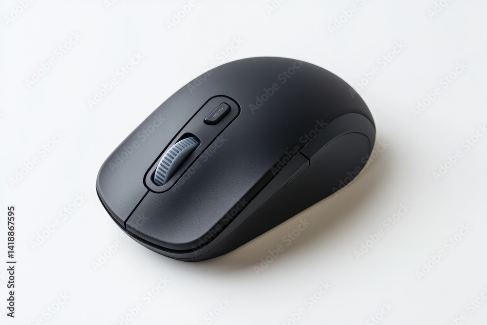 A sleek, black wireless computer mouse with a scroll wheel and extra button is shown on a white background. A sleek, black wireless computer mouse with a scroll wheel and extra button is shown on a white background.