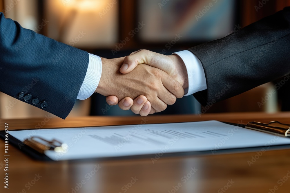 Two businessmen shake hands over a signed contract, signifying a successful deal or partnership. Two businessmen shake hands over a signed contract, signifying a successful deal or partnership.