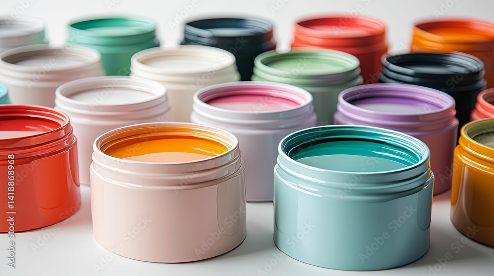 Colorful paint containers arranged in a variety of hues. Colorful paint containers arranged in a variety of hues.