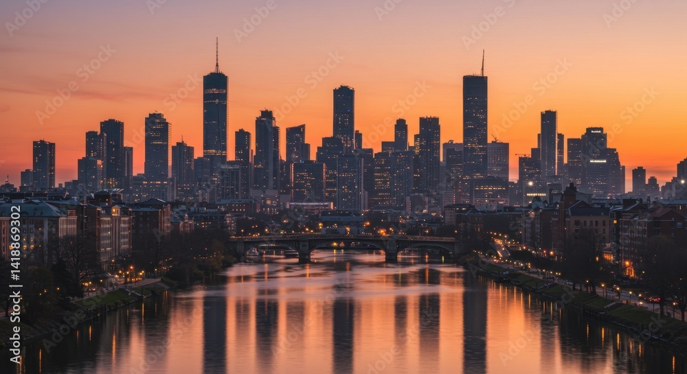 Obraz premium City Skyline at Sunset with River Reflection