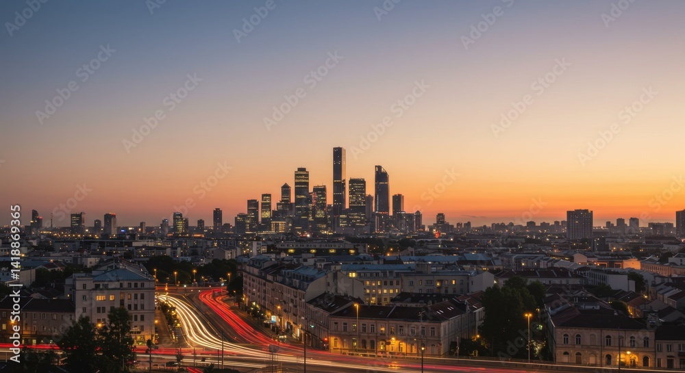 Fototapeta premium City Skyline at Sunset with Traffic and Lights