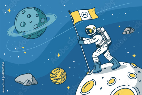 A lone astronaut plants a flag on a small, rocky alien planet with a vibrant purple sky, showcasing a desolate yet awe-inspiring landscape.