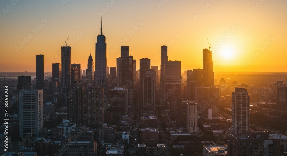 Obraz premium City Skyline at Sunset: Golden Hour Panorama