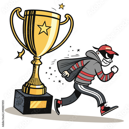 A mischievous cartoon raccoon stealthily pilfers a gleaming golden trophy from a display case, comical expression evident.