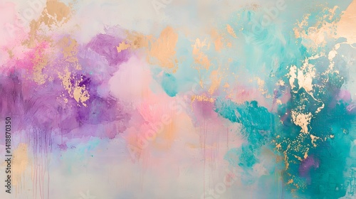 Abstract Pastel Painting Gold Accents Teal Pink Purple Hues