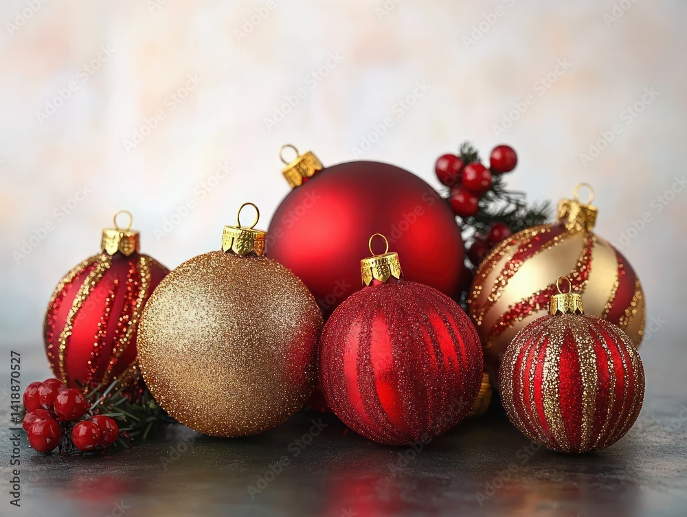 Red and Gold Christmas Ornaments with Metallic Shine on White Background Red and Gold Christmas Ornaments with Metallic Shine on White Background