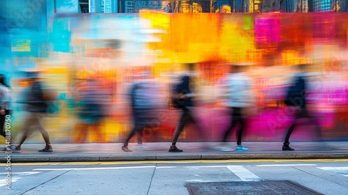 City street, blurred pedestrians, vibrant mural, urban life, stock photo