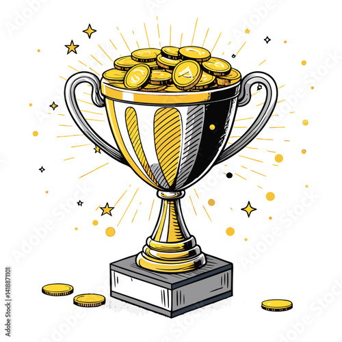 A gleaming trophy cup overflowing with shimmering gold coins, accentuated by sparkling dust motes.