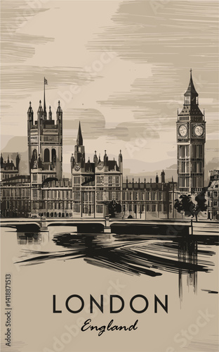 London, England travel destination poster in retro style. Monochrome vintage ink style vector illustration