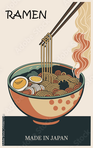 Retro food poster with traditional Japanese noodle soup Ramen. Cafe, restaurant wall art, vintage ads. Colorful vector illustration in mid century modern style	