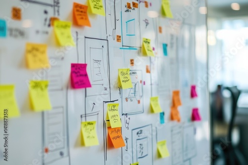 A whiteboard covered in colorful sticky notes and hand-drawn diagrams, showcasing a collaborative brainstorming session.