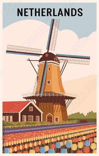 Netherlands travel destination poster in retro style. Colorful vector illustration