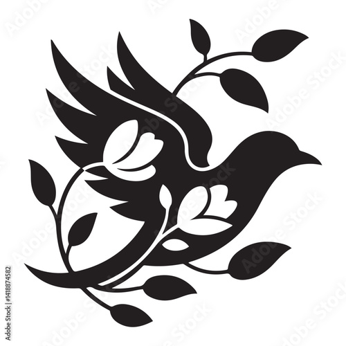 Elegant Vector Black silhouettes Bird and Floral Design. with white background