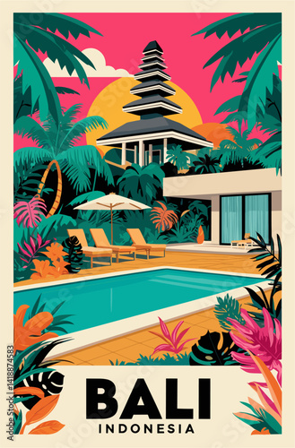 Bali, Indonesia travel destination poster in retro style. Colorful vector art illustration