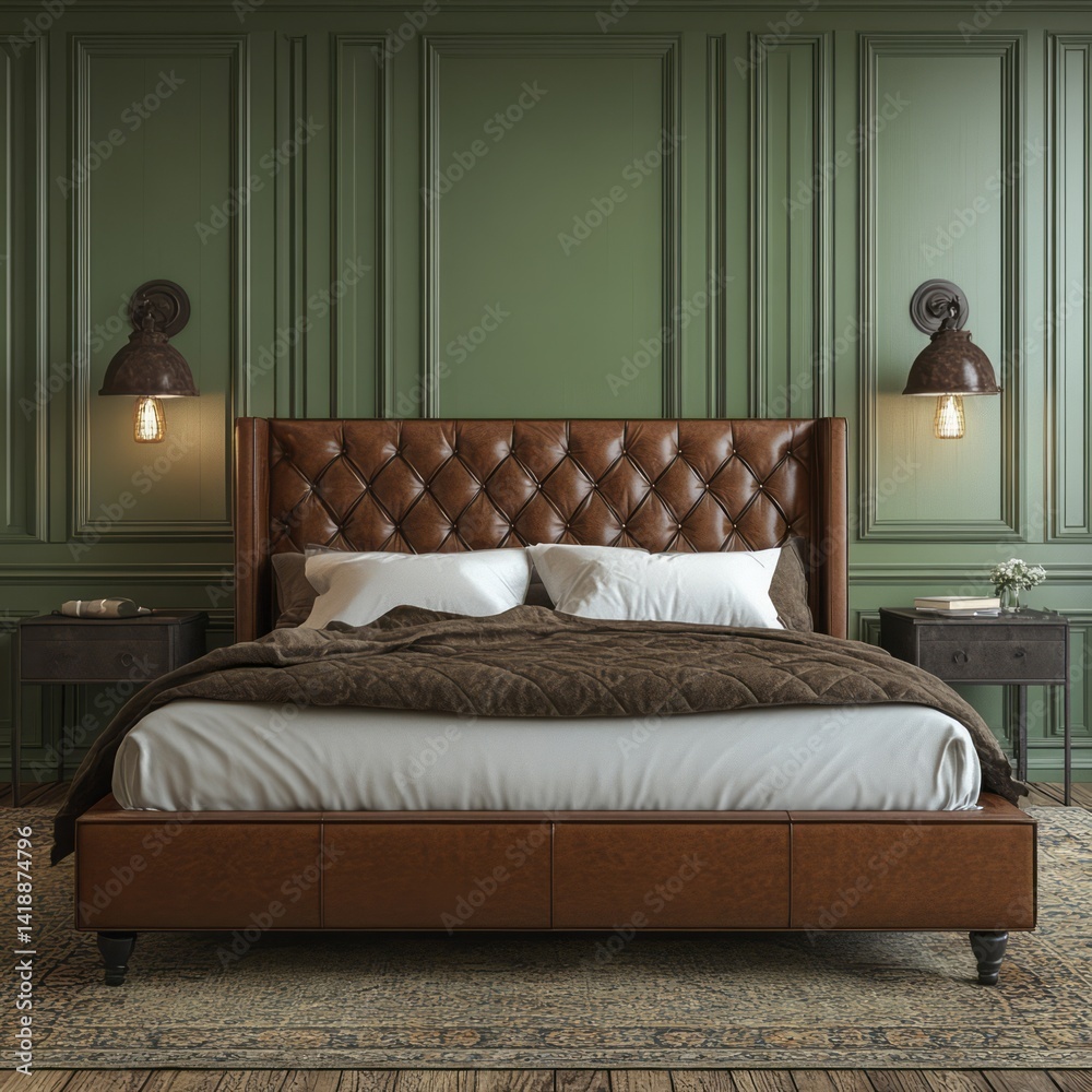 Fototapeta premium Luxurious bedroom showcases a brown leather bed with green walls