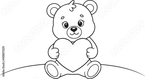Vector art depicts an outlined teddy bear sitting while holding a heart. Intended for graphic resources, keywords include "teddy bear," "heart," and "love."
