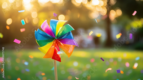 A rainbow pinwheel spins in a sunlit field with floating confetti, celebrating joy and childhood wonder on International Children's Day.
