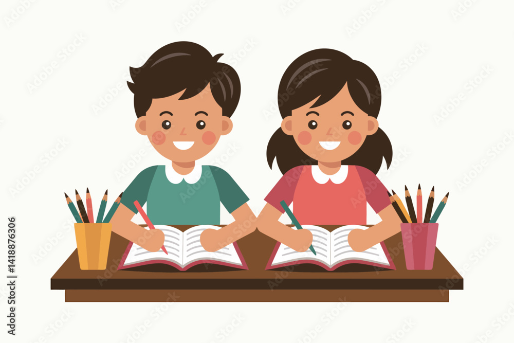 Two Cartoon Students at Desk Writing in Notebooks with Pencils Two Cartoon Students at Desk Writing in Notebooks with Pencils