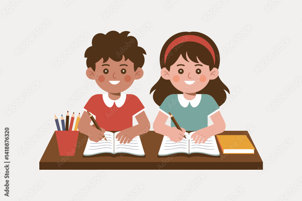 Children studying together in the classroom, writing on notebooks, flat vector illustration. Children studying together in the classroom, writing on notebooks, flat vector illustration.