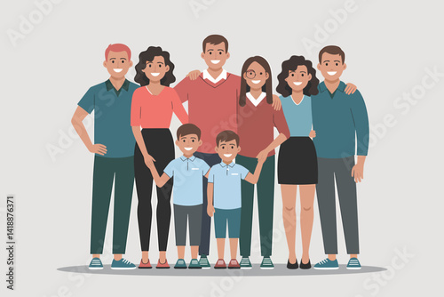 Extended Family Illustration: Parents, Siblings, Children, Togetherness, Vector
