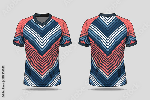 Modern Sport Jersey Template with Chevron Pattern in Coral and Navy Blue