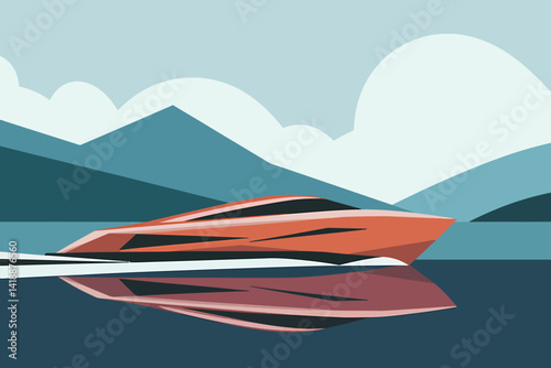 Modern orange yacht on water against mountain landscape illustration