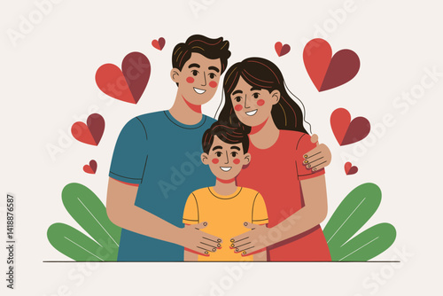 Happy family illustration, with hearts and foliage. Parents and child photo