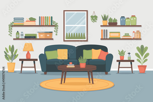 Cozy living room interior with couch, shelves, and plants illustration