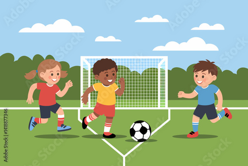 Kids playing soccer. Children enjoying outdoor sport game on field.