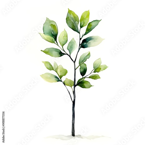 Delicate watercolor tree sapling with soft green leaves