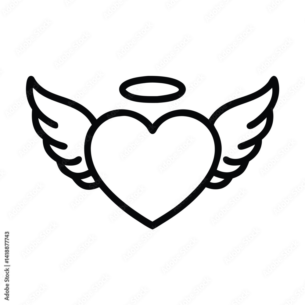 Obraz premium Outline of a Heart with Angel Wings and Halo, Love and Innocence Vector