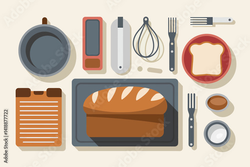 Flat Lay Baking Utensils Vector Illustration: Bread, Pan, Note, Fork