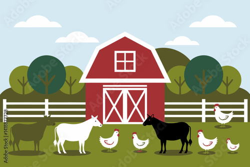 Whimsical Farm Scene with Barn, Cows, and Chickens Vector Illustration