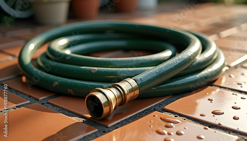 Garden hose coiled with water droplets on a tiled surface  